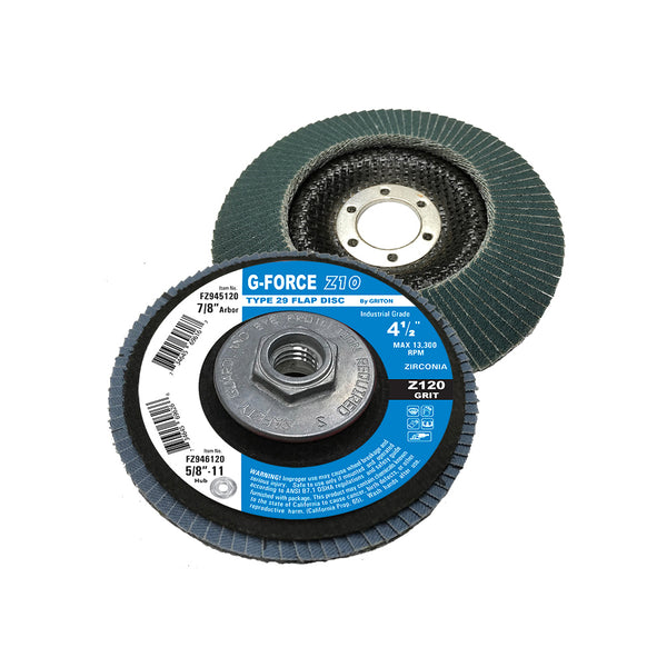 FZ946XX 4-1/2″ x 5/8 -11, T-29 w/Hub, Zirconia FD, Grit Z40,60,80,120 (10/pack)