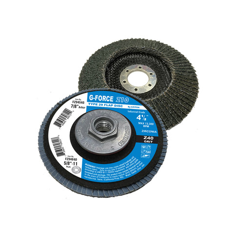 FZ946XX 4-1/2″ x 5/8 -11, T-29 w/Hub, Zirconia FD, Grit Z40,60,80,120 (10/pack)