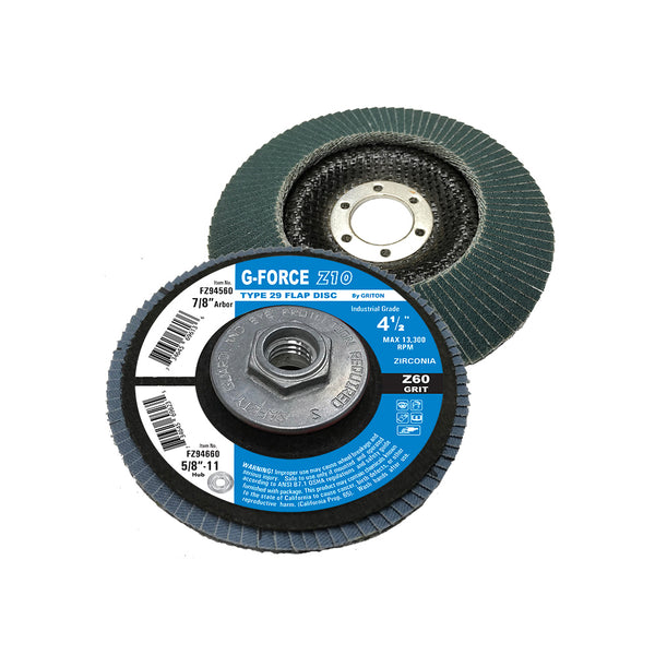 FZ946XX 4-1/2″ x 5/8 -11, T-29 w/Hub, Zirconia FD, Grit Z40,60,80,120 (10/pack)