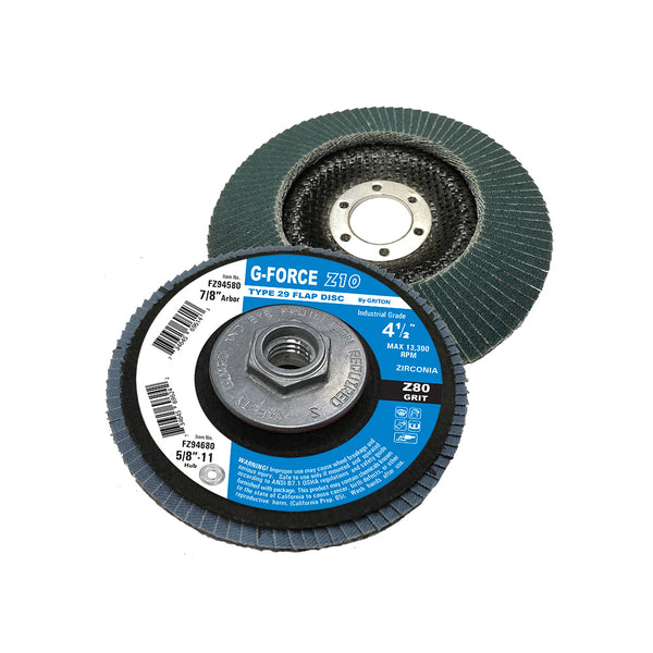 FZ946XX 4-1/2″ x 5/8 -11, T-29 w/Hub, Zirconia FD, Grit Z40,60,80,120 (10/pack)