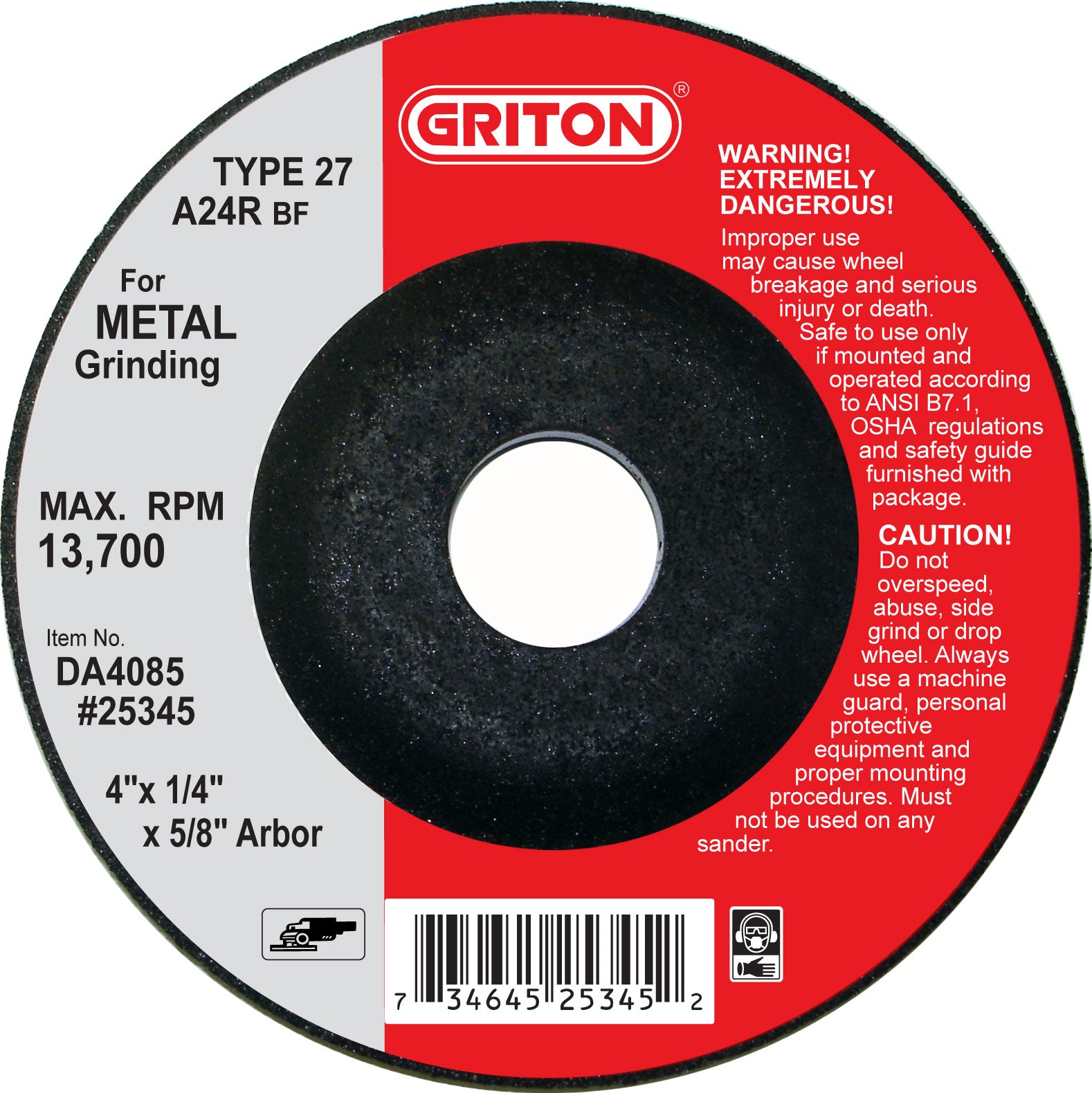 DA4085 4″x1/4″x5/8″ METAL Grinding Wheel (10/pack)