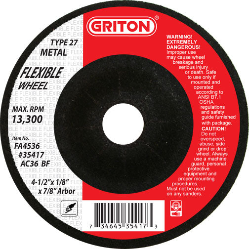 FA4536 4.5″x1/8″x7/8″ T27 Flexible Grinding Wheel (10/box)