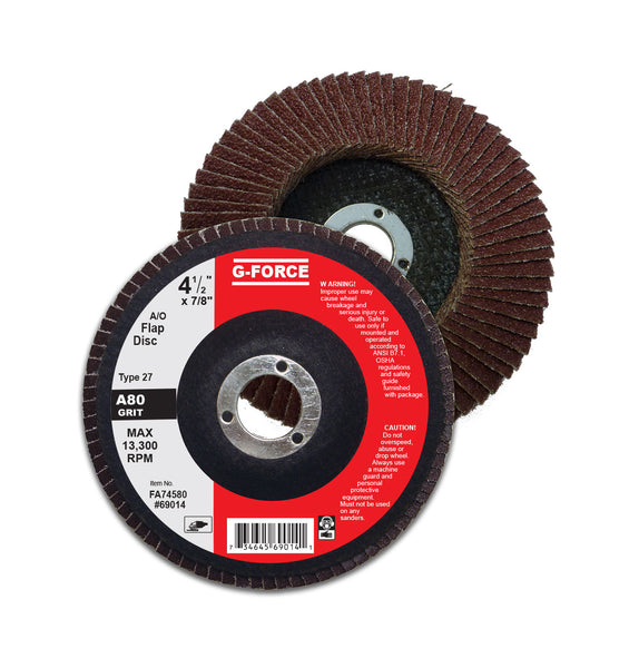 FA745XX 4.5″ x 7/8″ Type 27 Aluminum Oxide Flap Discs, Grit 40, 60, 80, 120 (10/pack)